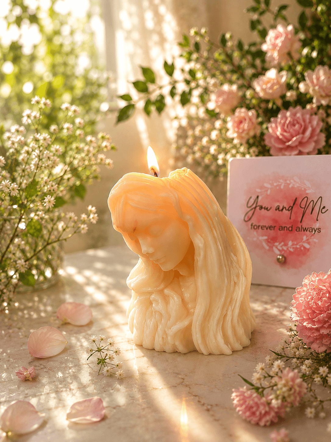 Close-up of a lit handcrafted candle with warm glowing flame